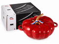 Staub pumpkin cocotte casserole pot in red with lid and packaging, made in France.