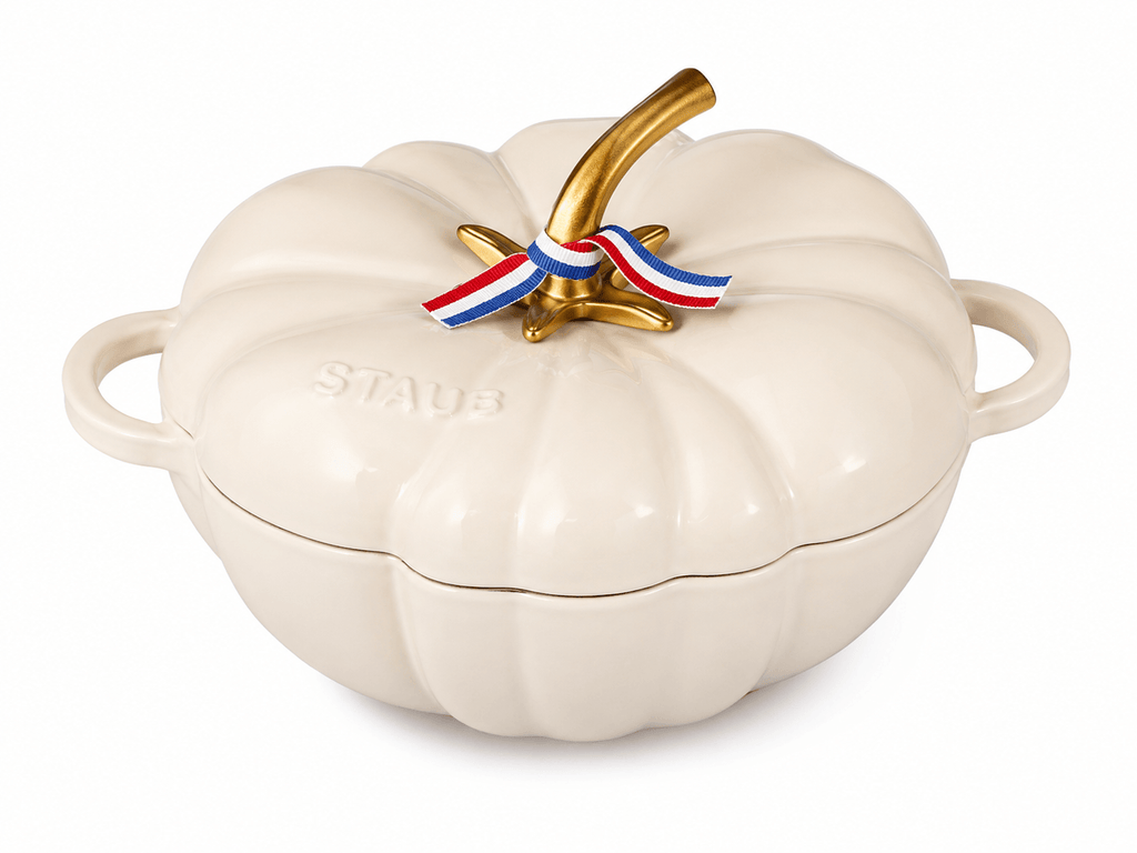 25cm Staub pumpkin cocotte in white cast iron with gold stem and ribbon, elegant kitchen cookware.