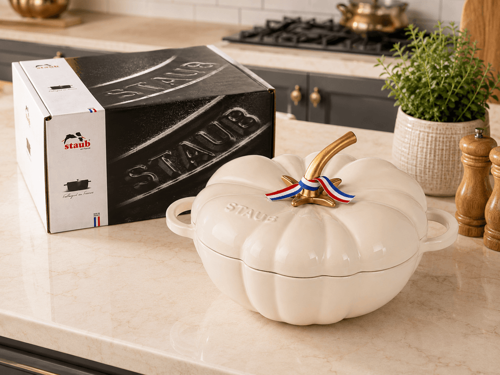 25cm Staub pumpkin cocotte displayed on a kitchen counter with packaging.