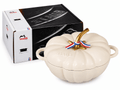 25cm Staub pumpkin cocotte with gold handle and packaging, elegant French cast iron casserole pot.