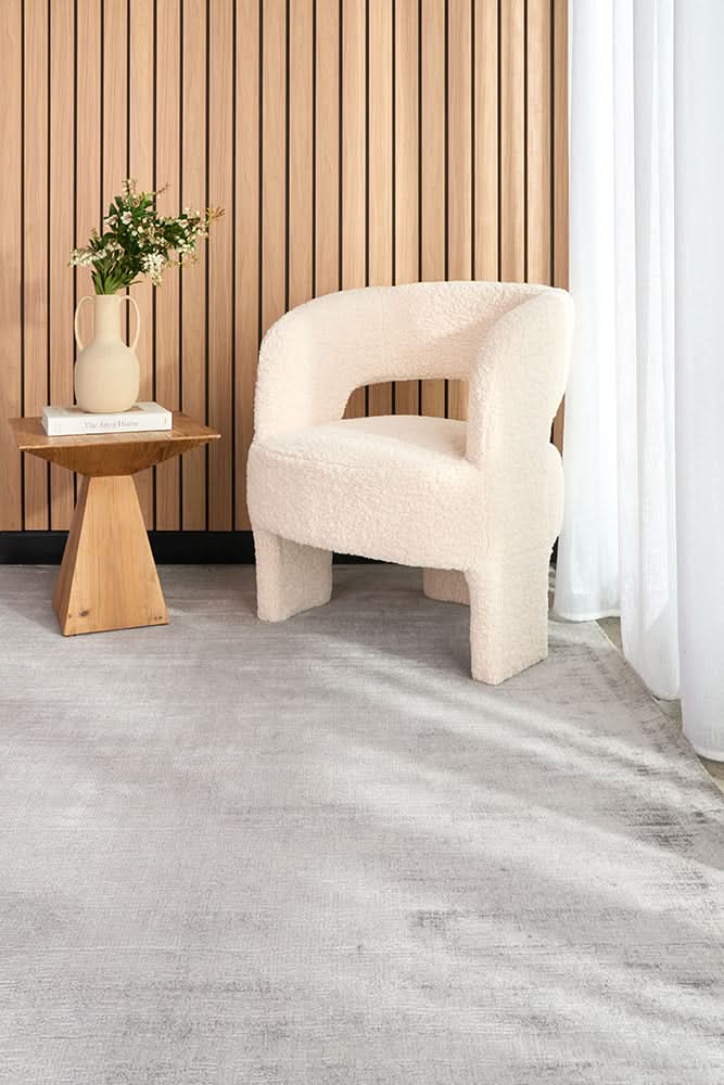 Vela Grey Viscose Rug - styled room