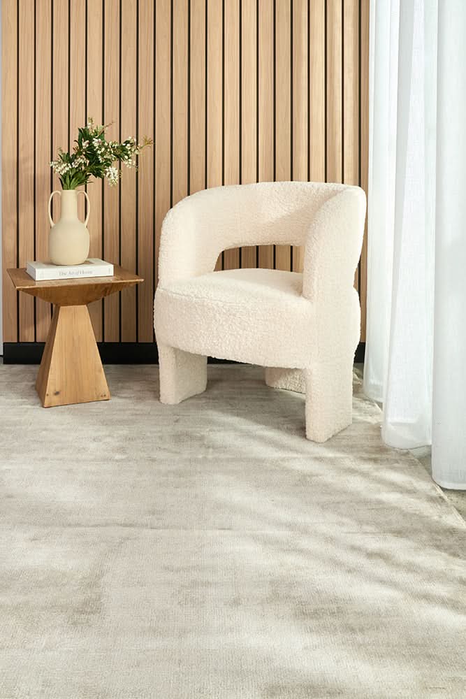 Vela Oyster Silver Viscose Rug - styled room
