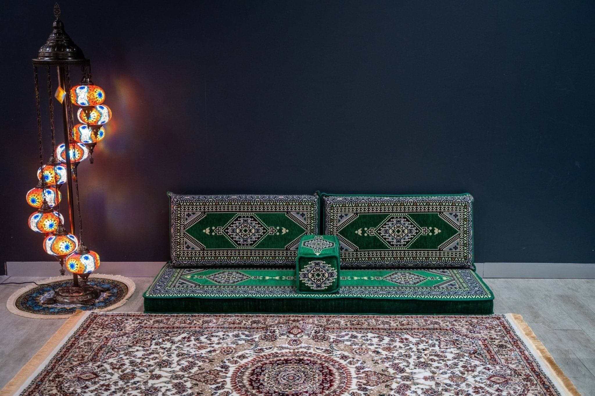 Arabian Majlis Divan Set – Green Palace Turkish Floor Cushion Set with decorative lantern.