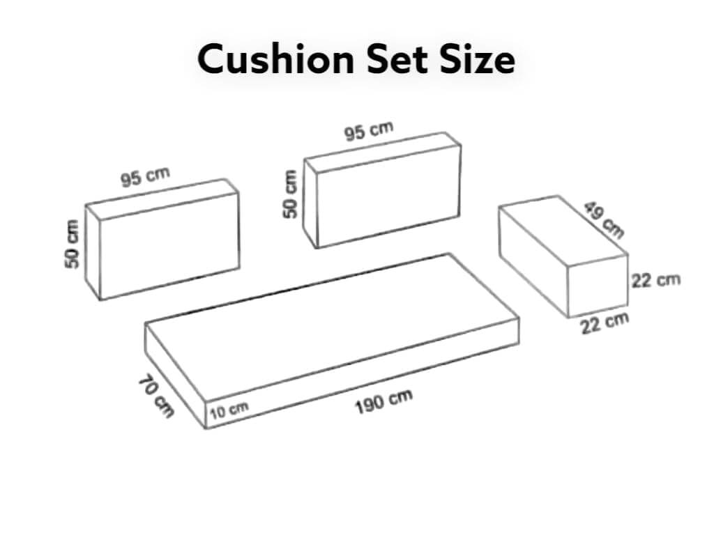 Cushion set size diagram for the Arabian Majlis Divan Set with measurements in centimeters.