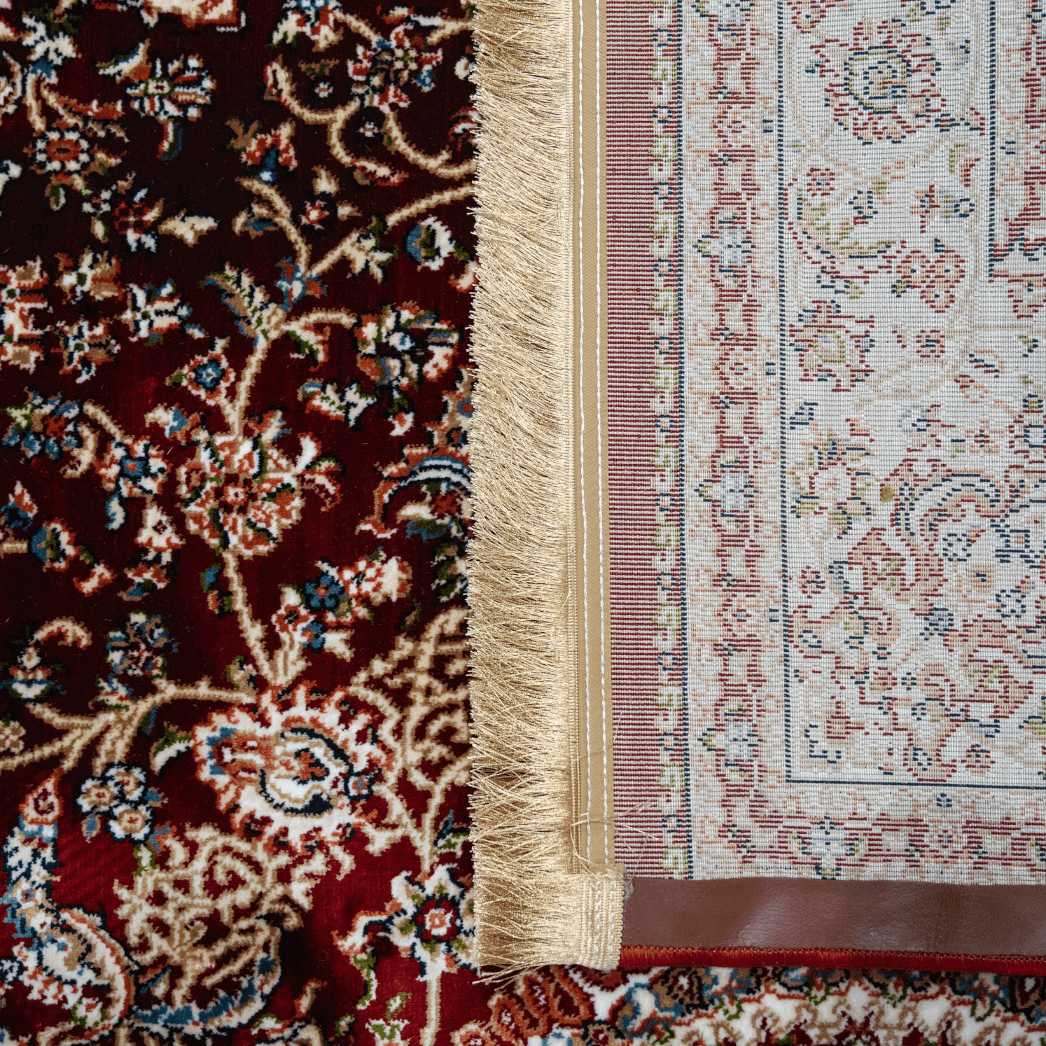 Asaryun Turkish Rug H4095A Dark Red showing intricate patterns and elegant fringe detail, blending traditional design with modern style.