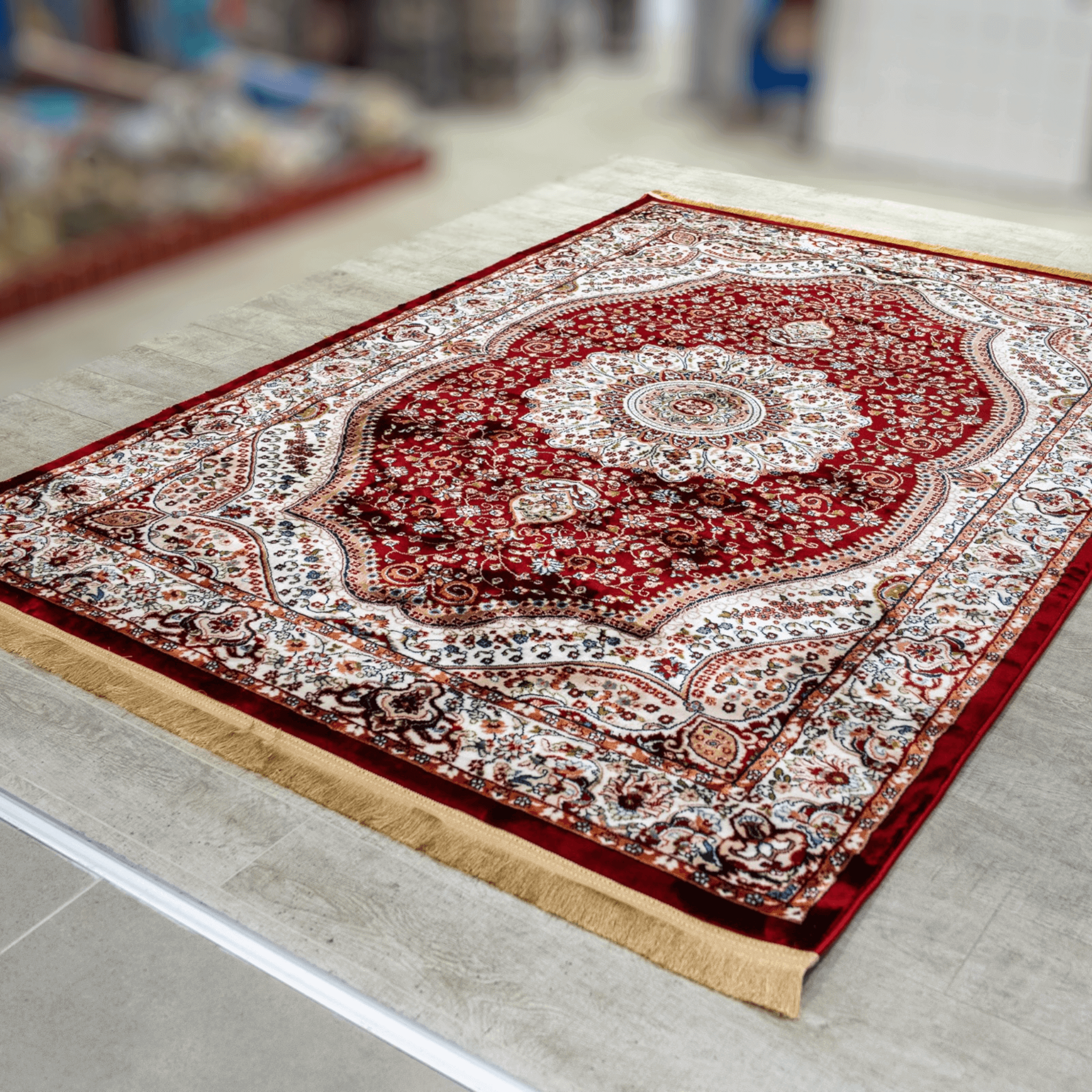 Asaryun Turkish Rug – H4158A Dark Red featuring a rich intricate traditional pattern on a soft polyester surface.