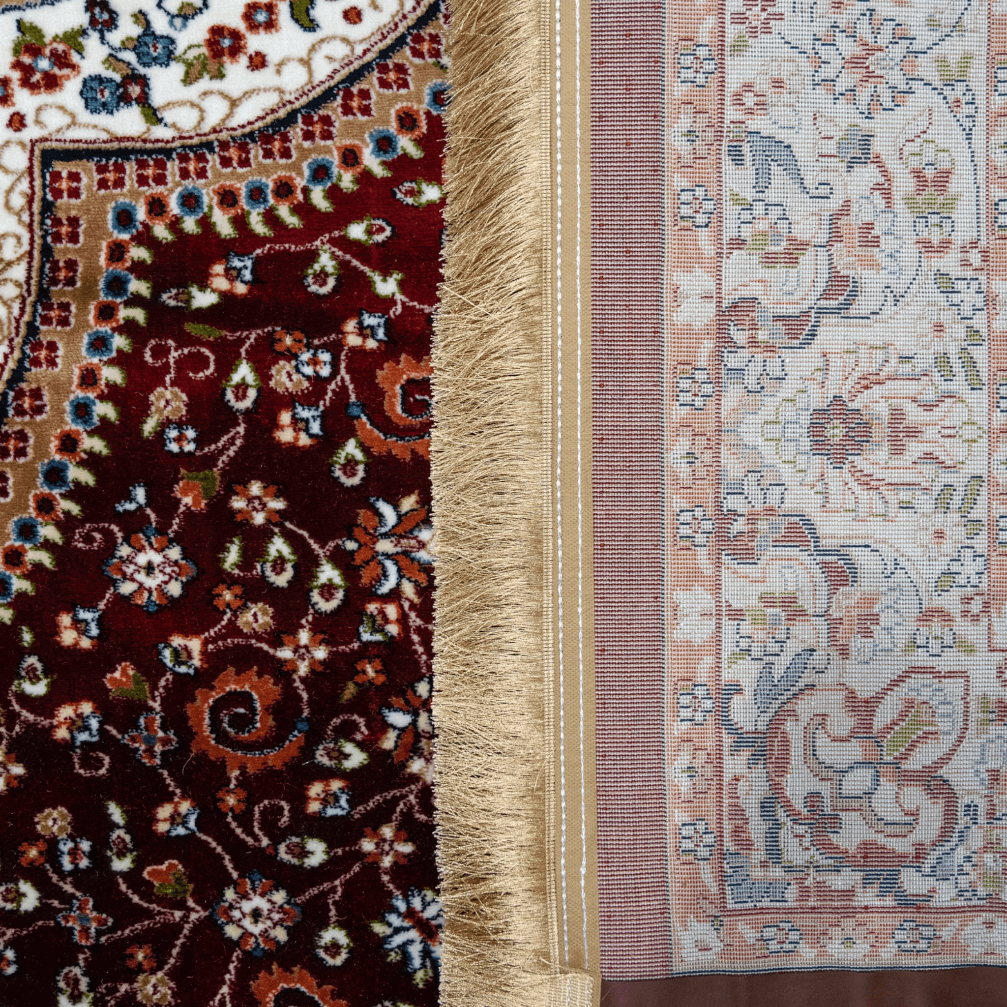 Asaryun Turkish Rug showing intricate dark red pattern and delicate fringe, combining tradition with modern design.