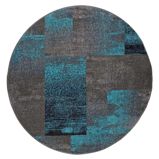 Geo Elegance 444 Blue Round-This thick and dense, heavy-duty collection has a durable construction and is power loomed in Turkey from heat-set polypropylene with shed-resistant and anti-static properties. Its modern, abstract designs are woven into stain-