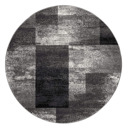 Geo Elegance 444 Grey Round-This thick and dense, heavy-duty collection has a durable construction and is power loomed in Turkey from heat-set polypropylene with shed-resistant and anti-static properties. Its modern, abstract designs are woven into stain-