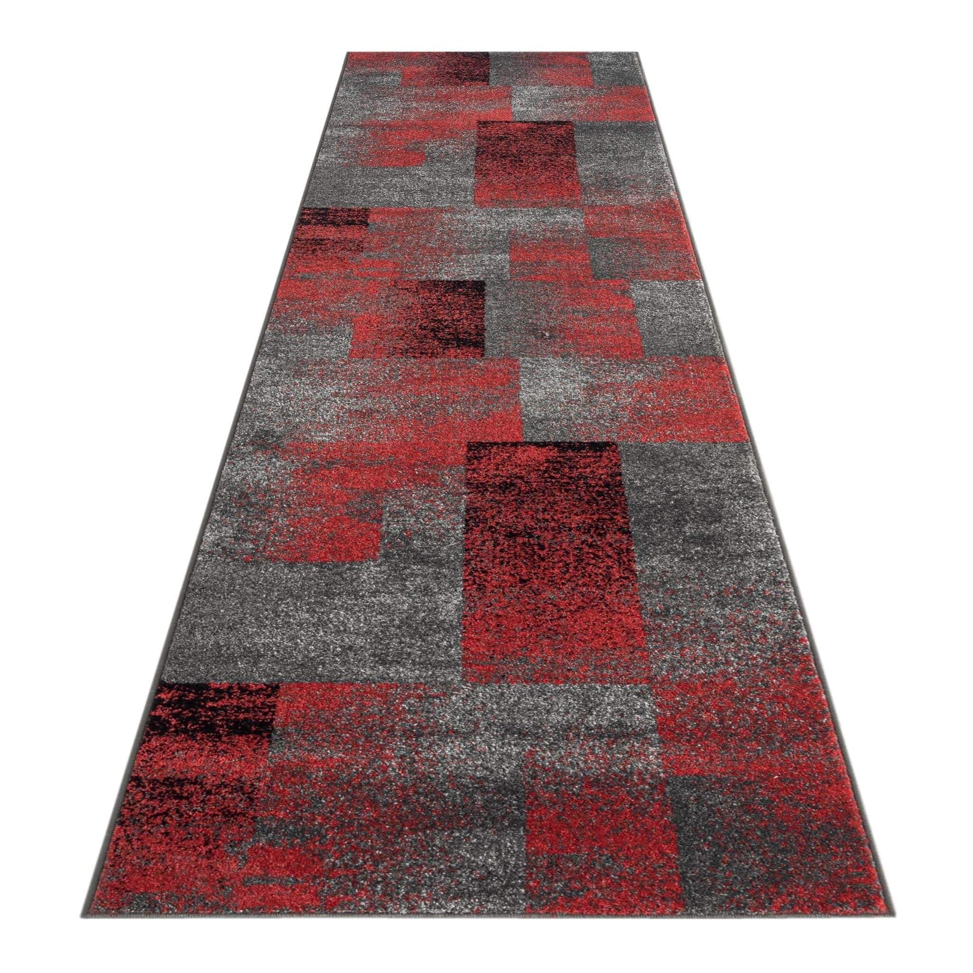 Geo Elegance 444 Red Hallway Runner-This thick and dense, heavy-duty collection has a durable construction and is power loomed in Turkey from heat-set polypropylene with shed-resistant and anti-static properties. Its modern, abstract designs are woven int