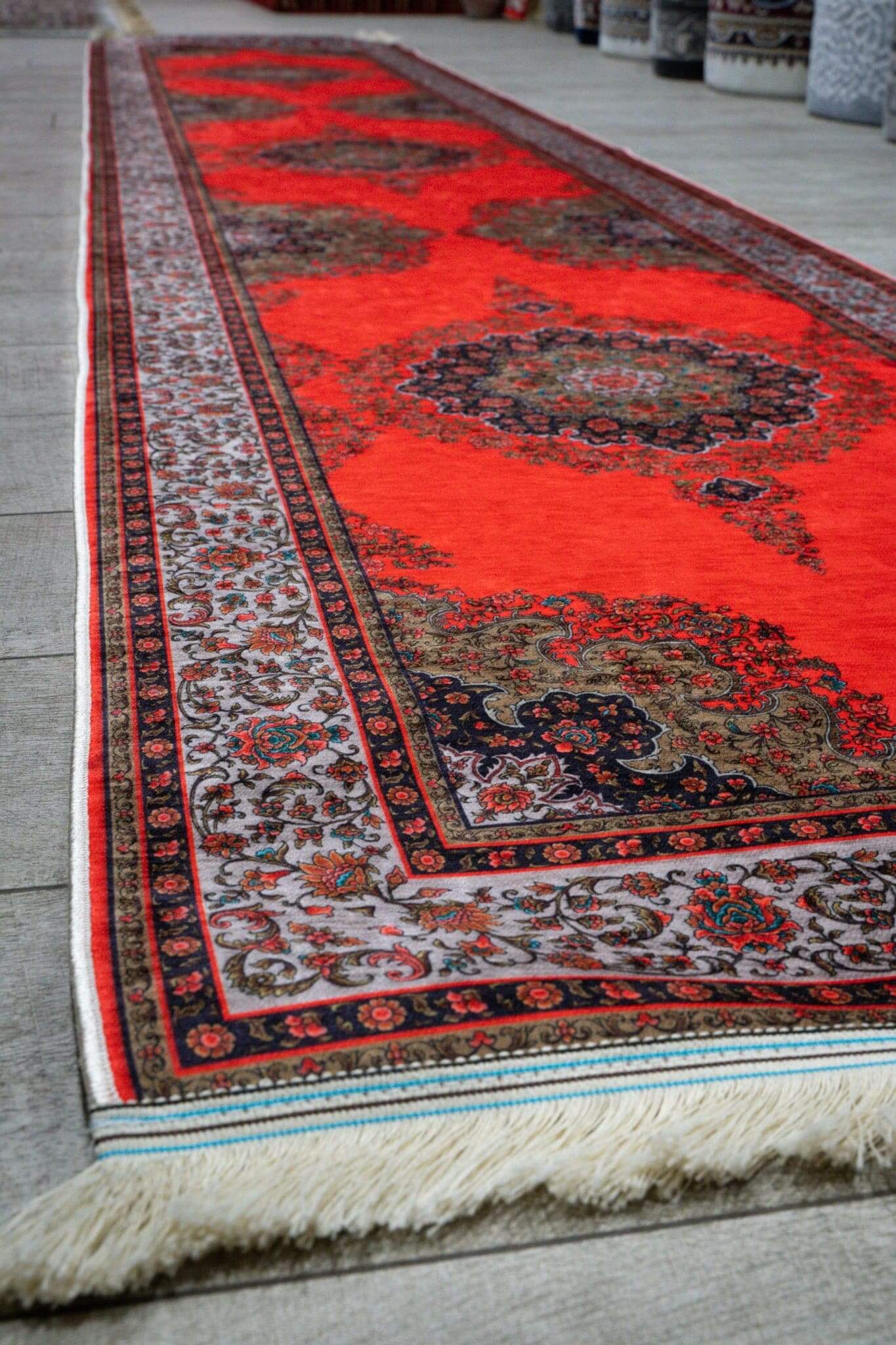 Turkish Hallway Runner Rug 60×300 cm featuring intricate patterns and vibrant red orange colors.