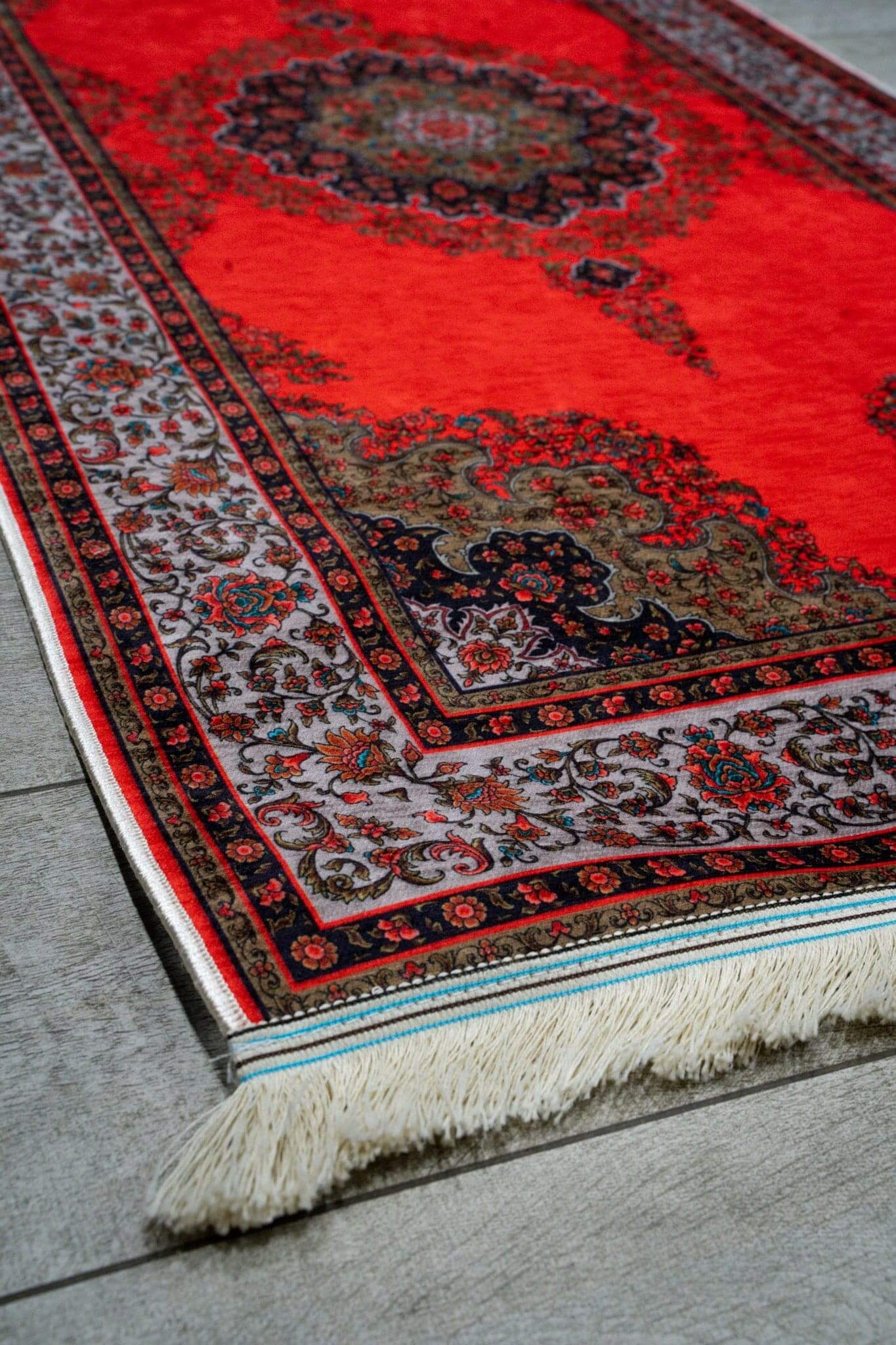 Turkish Hallway Runner Rug featuring intricate designs and vibrant red colors, made from cotton and polyester.