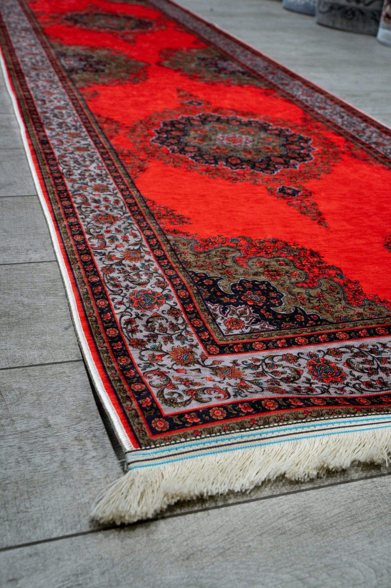 Turkish Hallway Runner Rug 60×300 cm in vibrant red and intricate patterns, showcasing quality craftsmanship.