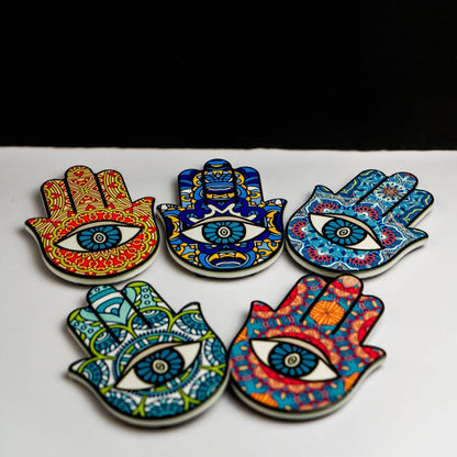 Hamsa Hand Coaster - Blue-Hamsa Hand Coaster, a beautiful and functional addition to your home decor. The Hamsa hand, also known as the Hand of Fatima, is a powerful symbol of protection, blessings, and good luck, making this coaster a meaningful and thou