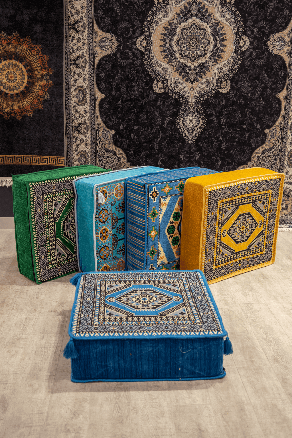 Navy Diamond Ottoman Floor Cushion collection with intricate designs and vibrant colors for stylish seating.