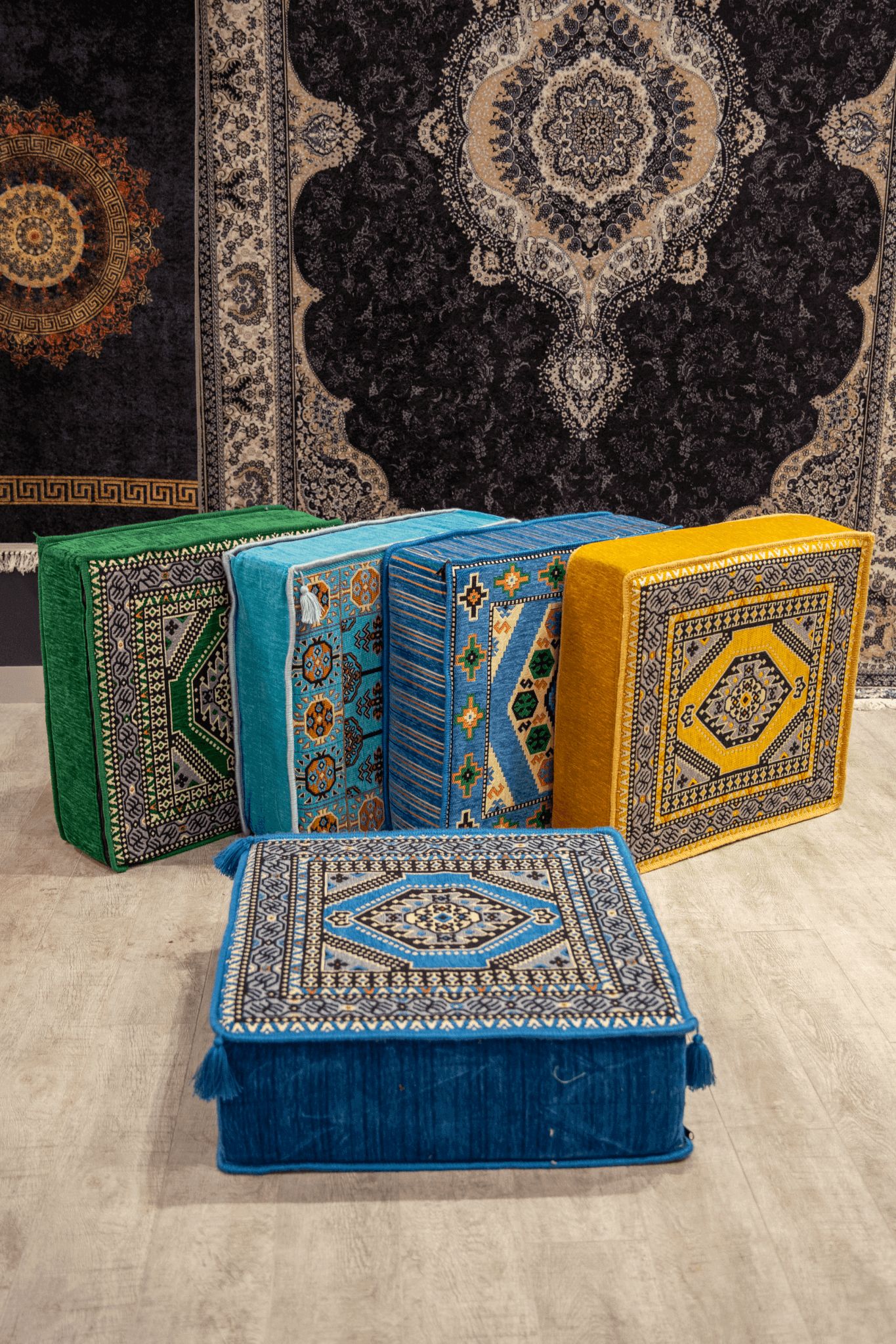 Aqua Diamond Ottoman Floor Cushion collection in vibrant colors showcasing elegant Arabian designs.