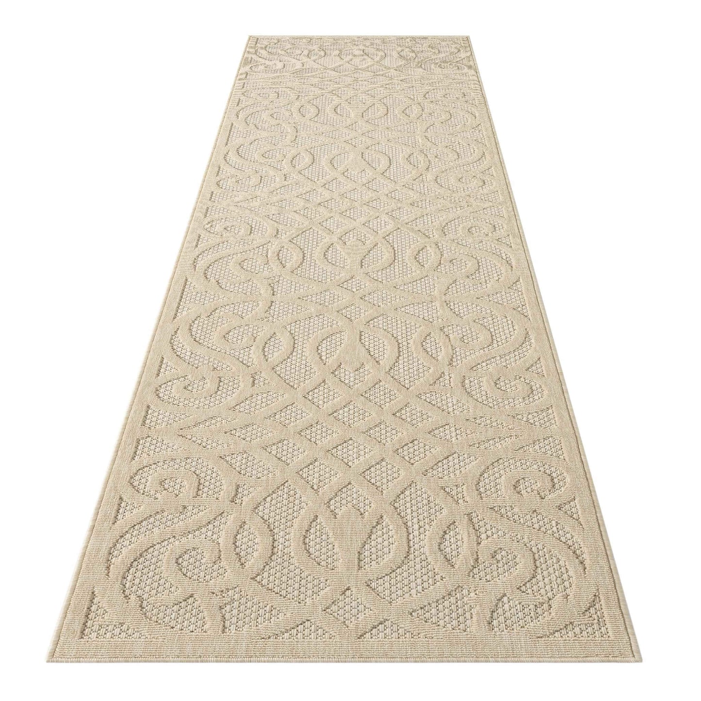 Outdoor Rugs 351 Cream Hallway Runner-This elegant indoor/outdoor collection has subtle, trellis patterns woven into a multi-textured polypropylene pile, sculpted with a high-and-low technique for a beautiful, subdued relief effect. This deluxe collection