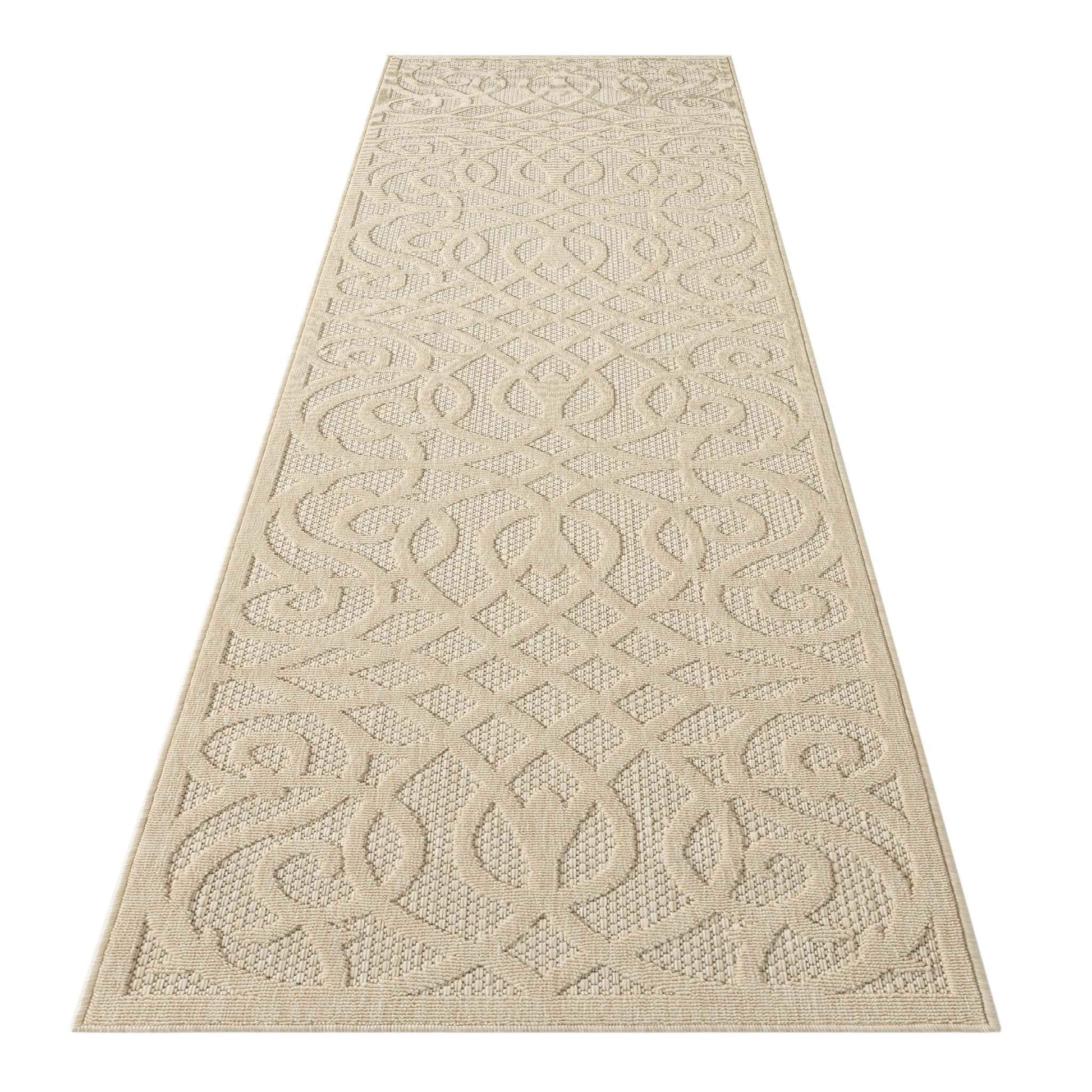 Outdoor Rugs 351 Cream Hallway Runner-This elegant indoor/outdoor collection has subtle, trellis patterns woven into a multi-textured polypropylene pile, sculpted with a high-and-low technique for a beautiful, subdued relief effect. This deluxe collection
