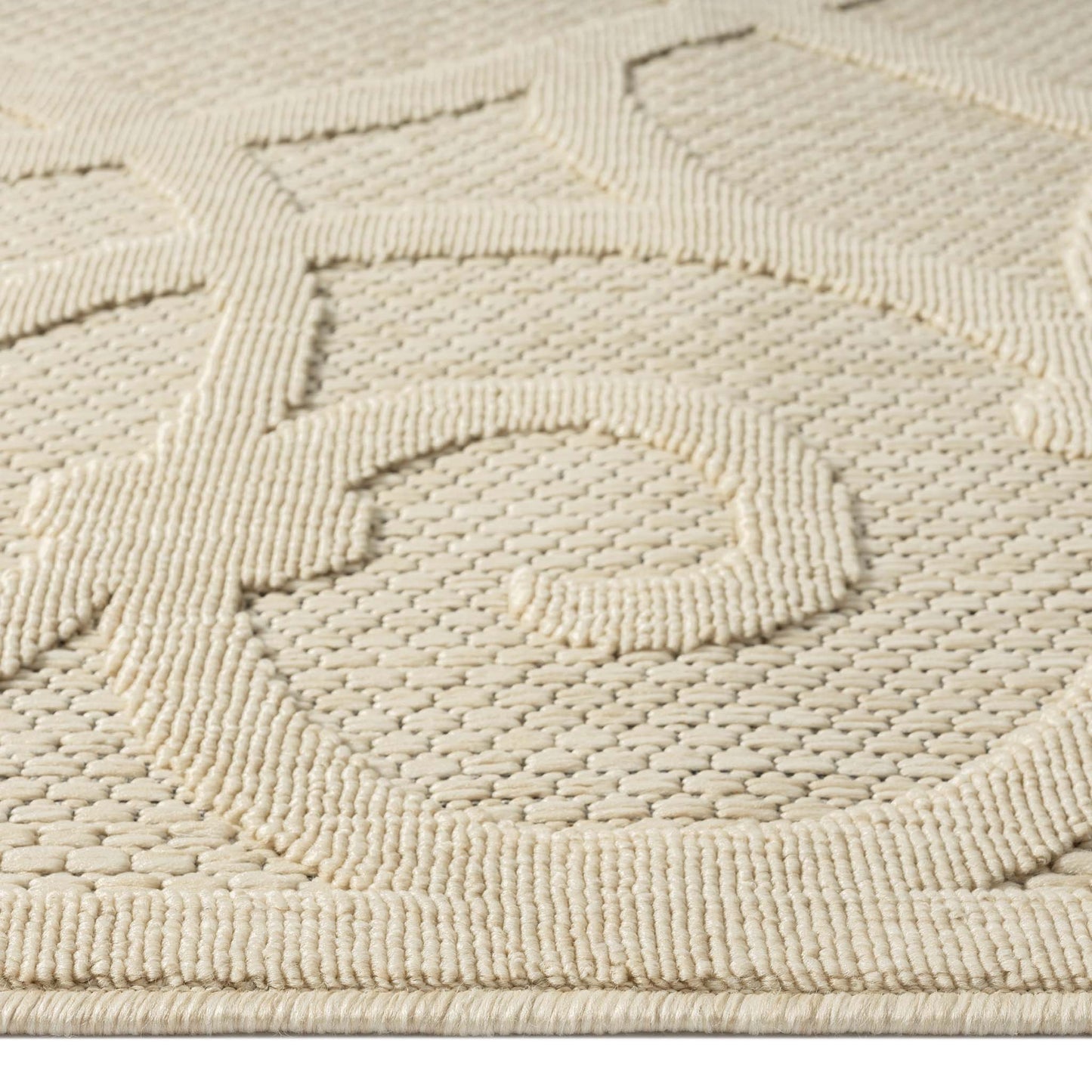 Outdoor Rugs 351 Cream Hallway Runner-This elegant indoor/outdoor collection has subtle, trellis patterns woven into a multi-textured polypropylene pile, sculpted with a high-and-low technique for a beautiful, subdued relief effect. This deluxe collection