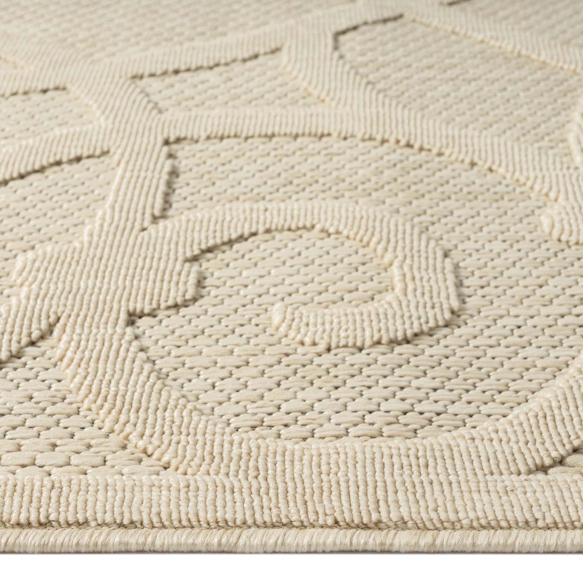 Outdoor Rugs 351 Cream Hallway Runner-This elegant indoor/outdoor collection has subtle, trellis patterns woven into a multi-textured polypropylene pile, sculpted with a high-and-low technique for a beautiful, subdued relief effect. This deluxe collection