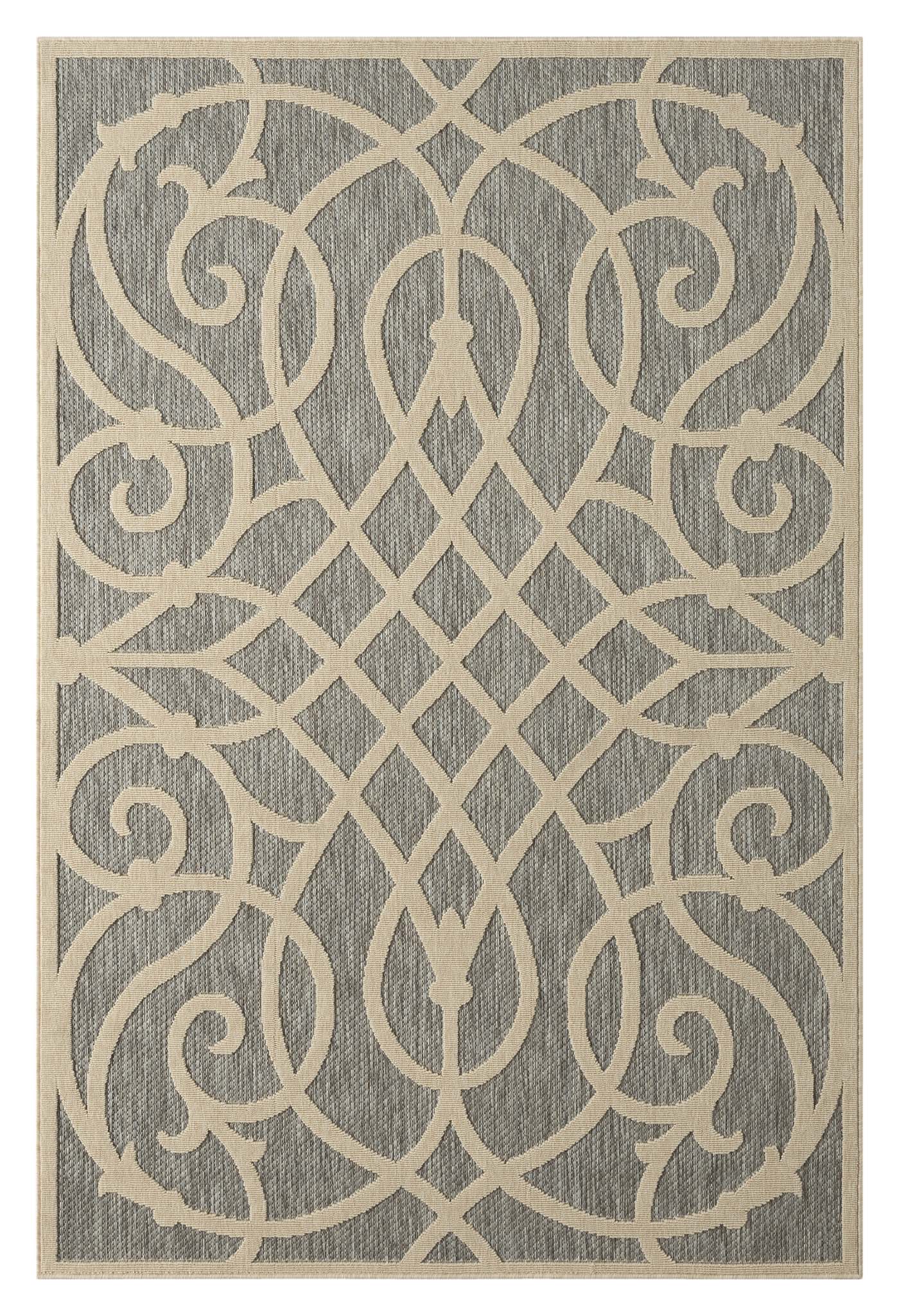 Outdoor Rugs 351 Grey-This elegant indoor/outdoor collection has subtle, trellis patterns woven into a multi-textured polypropylene pile, sculpted with a high-and-low technique for a beautiful, subdued relief effect. This deluxe collection is suitable for