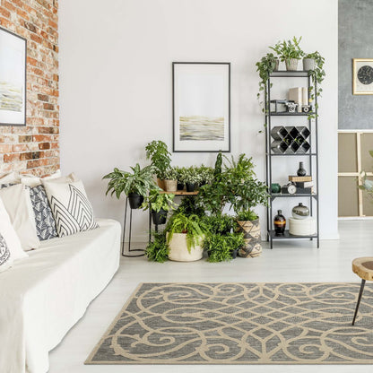 Outdoor Rugs 351 Grey-This elegant indoor/outdoor collection has subtle, trellis patterns woven into a multi-textured polypropylene pile, sculpted with a high-and-low technique for a beautiful, subdued relief effect. This deluxe collection is suitable for