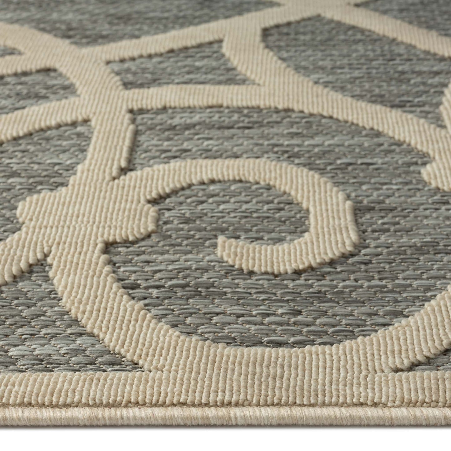 Outdoor Rugs 351 Grey-This elegant indoor/outdoor collection has subtle, trellis patterns woven into a multi-textured polypropylene pile, sculpted with a high-and-low technique for a beautiful, subdued relief effect. This deluxe collection is suitable for
