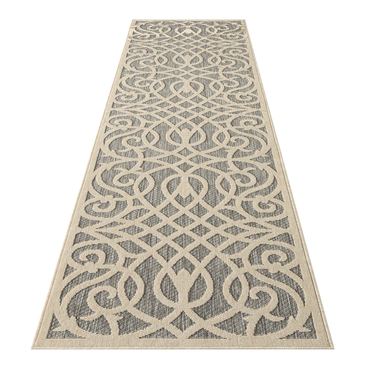 Outdoor Rugs 351 Grey Hallway Runner-This elegant indoor/outdoor collection has subtle, trellis patterns woven into a multi-textured polypropylene pile, sculpted with a high-and-low technique for a beautiful, subdued relief effect. This deluxe collection