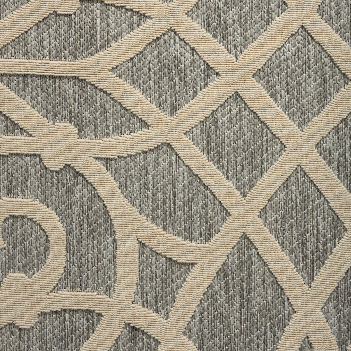 Outdoor Rugs 351 Grey Hallway Runner-This elegant indoor/outdoor collection has subtle, trellis patterns woven into a multi-textured polypropylene pile, sculpted with a high-and-low technique for a beautiful, subdued relief effect. This deluxe collection