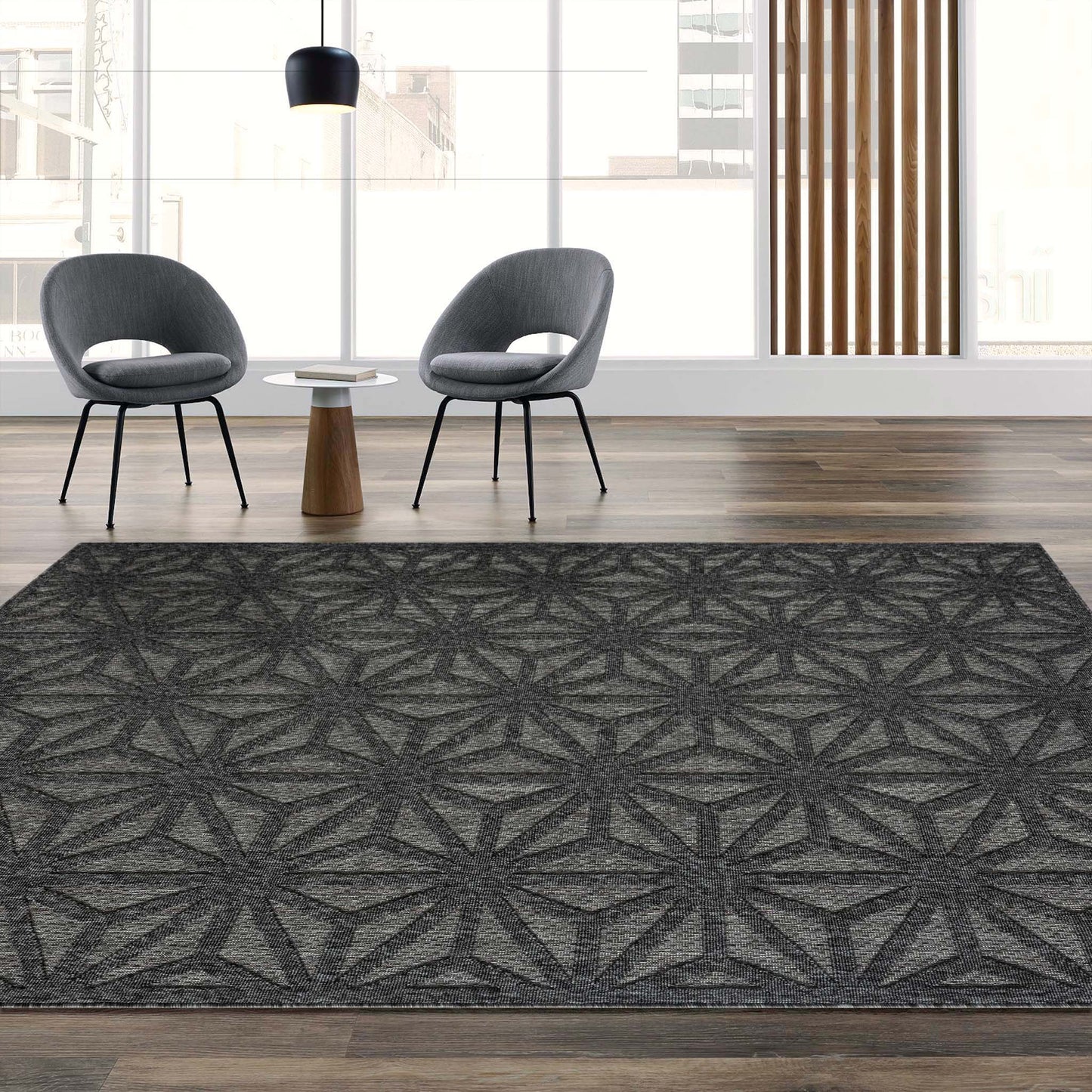 Outdoor Rugs 352 Dk Grey-This elegant indoor/outdoor collection has subtle, trellis patterns woven into a multi-textured polypropylene pile, sculpted with a high-and-low technique for a beautiful, subdued relief effect. This deluxe collection is suitable