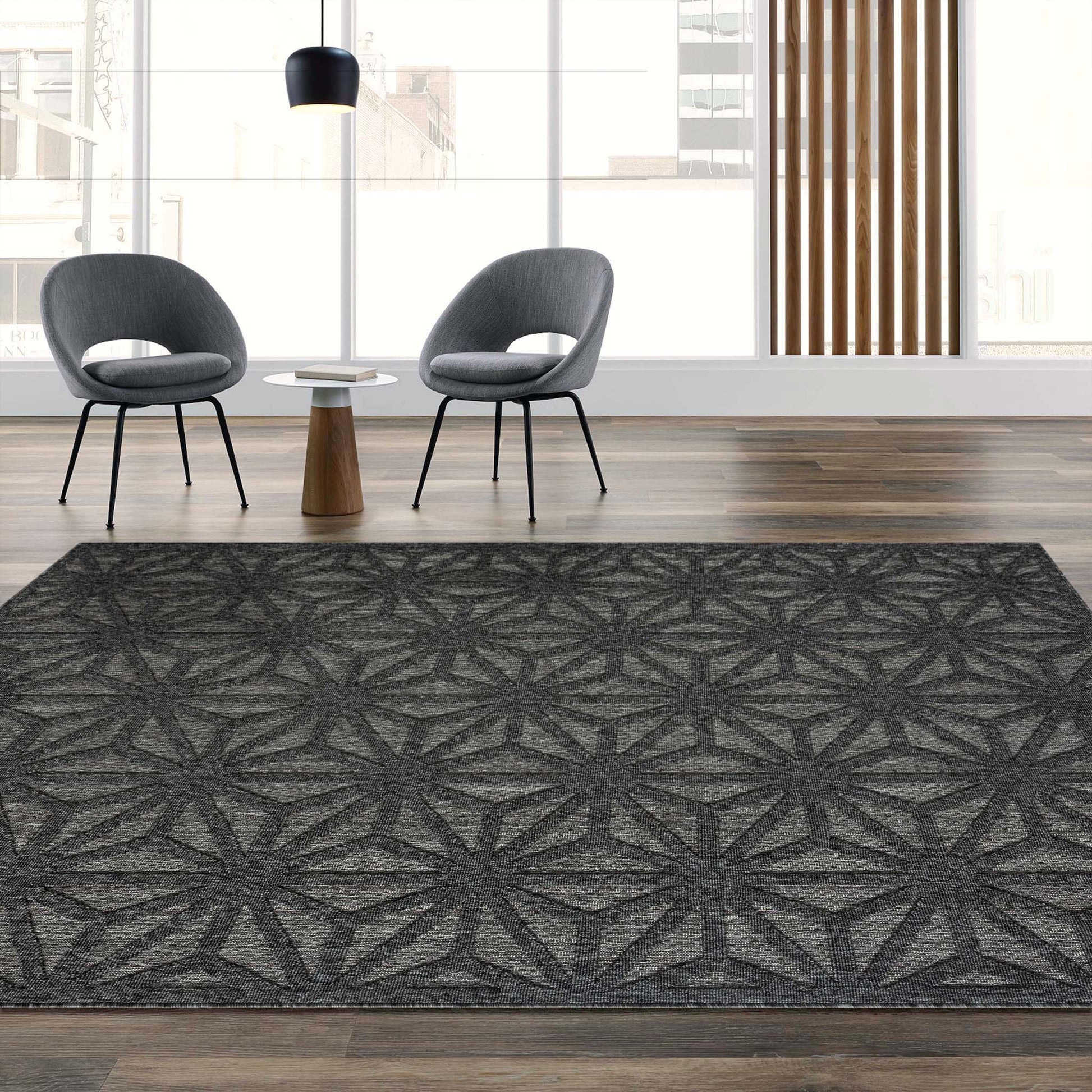 Outdoor Rugs 352 Dk Grey-This elegant indoor/outdoor collection has subtle, trellis patterns woven into a multi-textured polypropylene pile, sculpted with a high-and-low technique for a beautiful, subdued relief effect. This deluxe collection is suitable