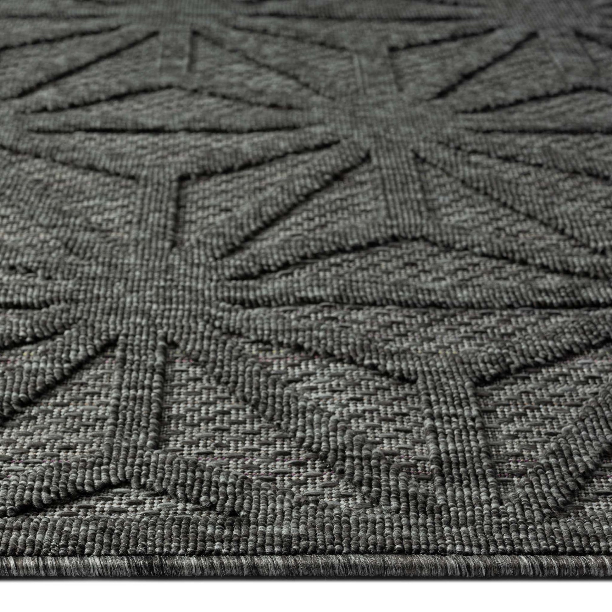 Outdoor Rugs 352 Dk Grey-This elegant indoor/outdoor collection has subtle, trellis patterns woven into a multi-textured polypropylene pile, sculpted with a high-and-low technique for a beautiful, subdued relief effect. This deluxe collection is suitable