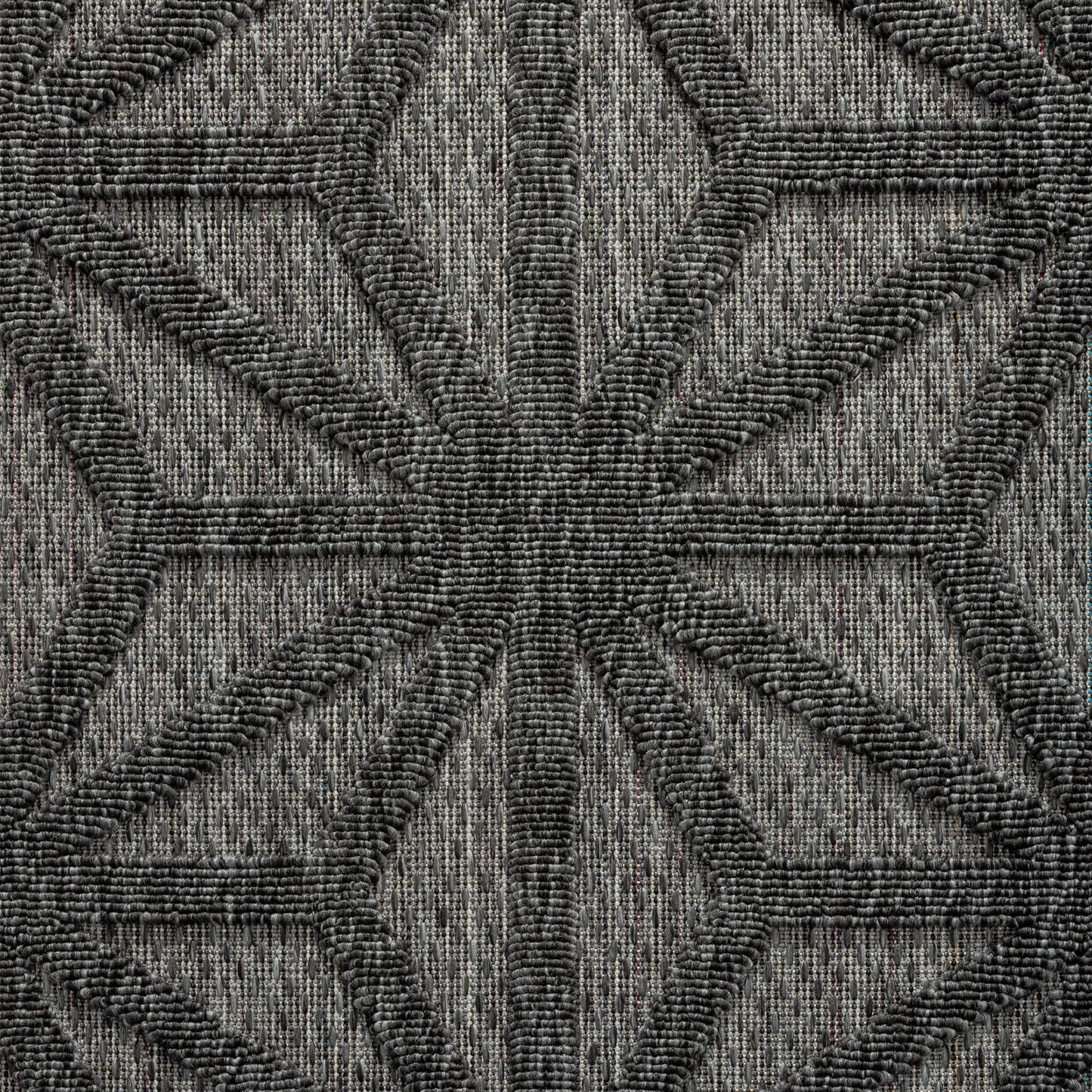 Outdoor Rugs 352 Dk Grey-This elegant indoor/outdoor collection has subtle, trellis patterns woven into a multi-textured polypropylene pile, sculpted with a high-and-low technique for a beautiful, subdued relief effect. This deluxe collection is suitable