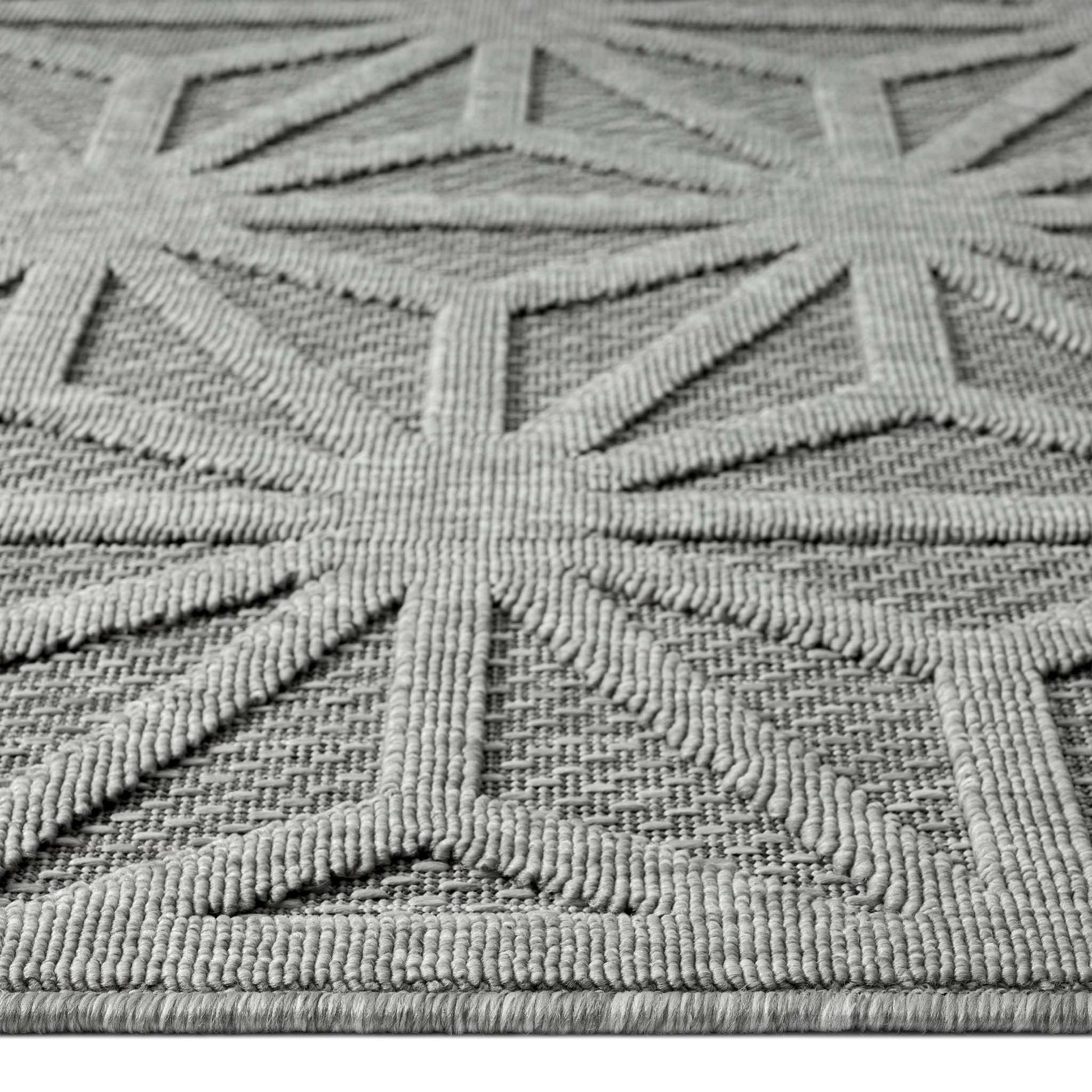 Outdoor Rugs 352 Grey-This elegant indoor/outdoor collection has subtle, trellis patterns woven into a multi-textured polypropylene pile, sculpted with a high-and-low technique for a beautiful, subdued relief effect. This deluxe collection is suitable for