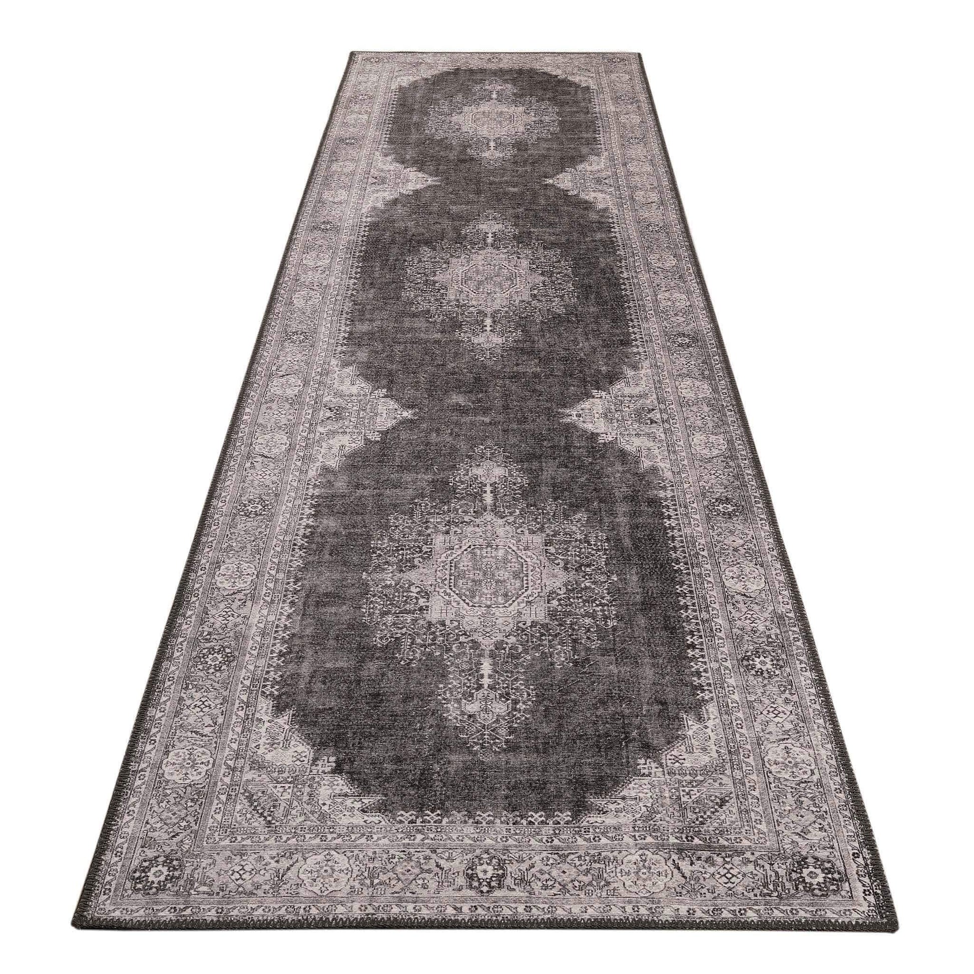 Vintage Turkish 24 Grey Hallway Runner-This exquisite collection recreates the spirit of well-worn antique textiles of the classic orient with its distressed traditional patterns and unusual designs, and suits contemporary interiors surprisingly well. The