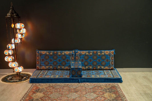Divan Set ( Floor Cushions ) Majlis Blue DiamondAuthentic decorative and comfortable floor cushions Made in Turkiye, %100 Cotton, washable covers with firm sponge filling 4pc Cushion, 1x 70cmX190cm, 2x Cushion 50cmX95cm 1x 22cmX49cm Experience the eleganc