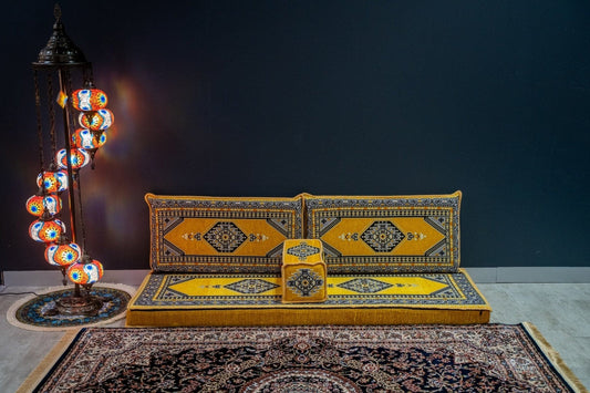 Authentic decorative and comfortable floor cushions Made in Turkiye, %100 Cotton, washable covers with firm sponge filling 4pc Cushion, 1x 70cmX190cm, 2x Cushion 50cmX95cm 1x 22cmX49cm Experience the elegance of a Majlis-style seating arrangement with our